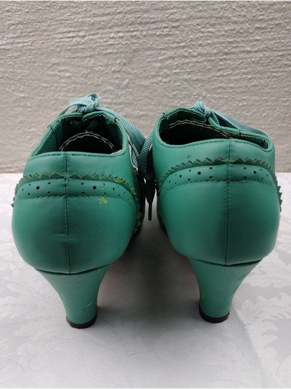Machi Coca-01 Teal Leather Lace Up Scalloped Upper Heeled 1930 Style Oxford Shoe - Picture 5 of 16